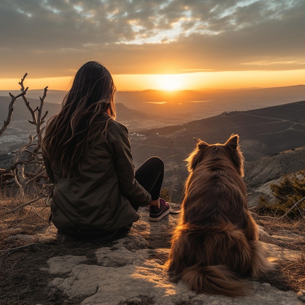 Girl sitting on the edge of a cliff at sunset with a long haired german shepherd sitting beside he