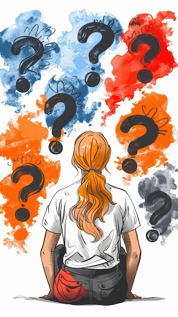 Girl sitting in front of colorful question marks on a white background