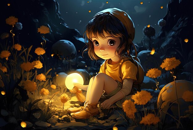 a girl sitting in a garden with a yellow flower in her hand