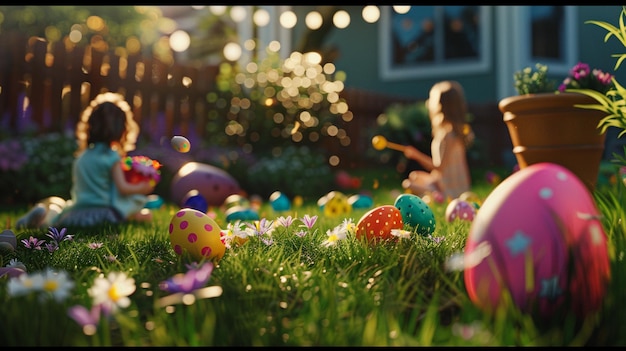 Photo a girl sitting in the grass with easter eggs in the background