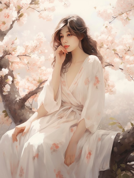 A girl sitting near a cherry tree in the style of soft and dreamy tones he jiaying