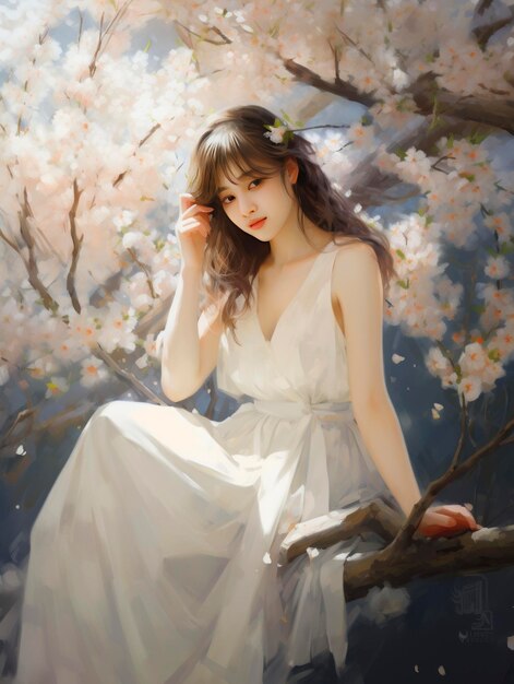 A girl sitting near a cherry tree in the style of soft and dreamy tones he jiaying