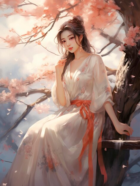 A girl sitting near a cherry tree in the style of soft and dreamy tones he jiaying