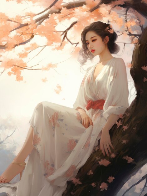 A girl sitting near a cherry tree in the style of soft and dreamy tones he jiaying