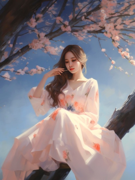 A girl sitting near a cherry tree in the style of soft and dreamy tones he jiaying