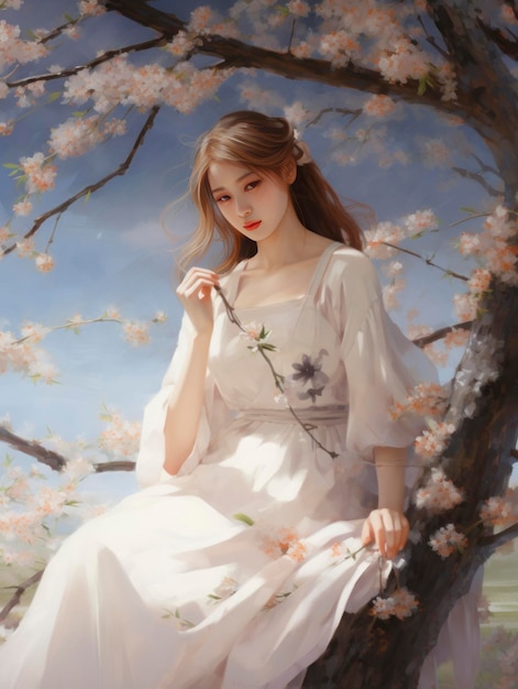 A girl sitting near a cherry tree in the style of soft and dreamy tones he jiaying