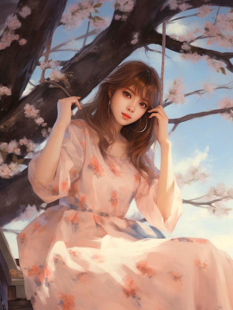 A girl sitting near a cherry tree in the style of soft and dreamy tones he jiaying