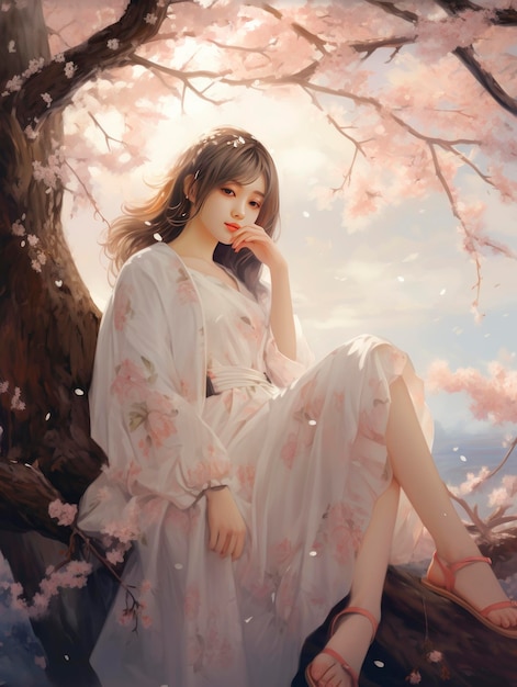 A girl sitting near a cherry tree in the style of soft and dreamy tones he jiaying