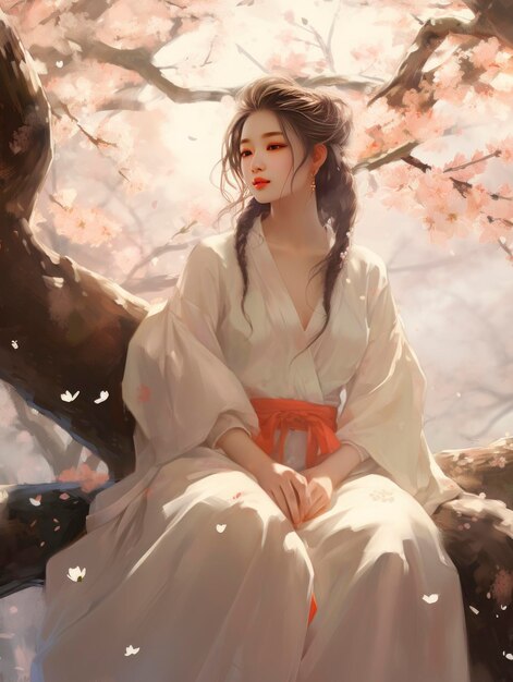 A girl sitting near a cherry tree in the style of soft and dreamy tones he jiaying