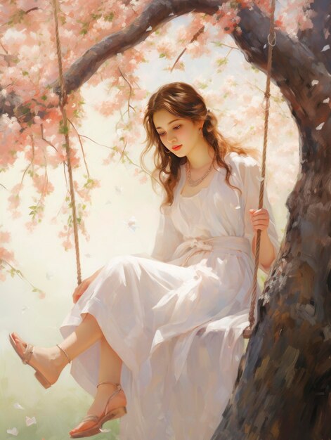 A girl sitting near a cherry tree in the style of soft and dreamy tones he jiaying