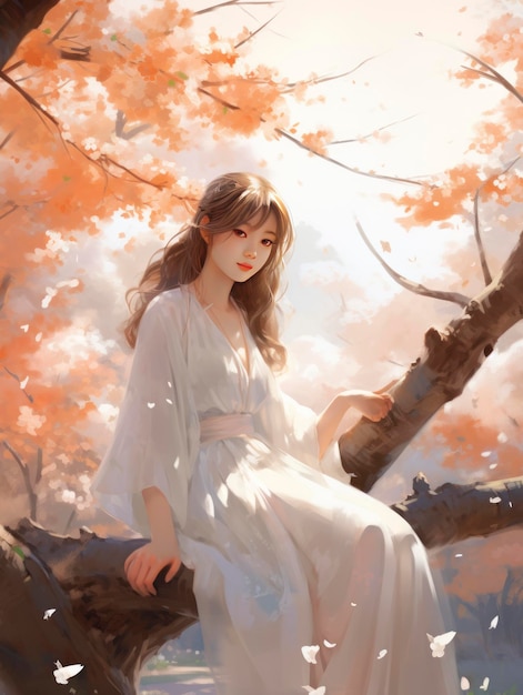 A girl sitting near a cherry tree in the style of soft and dreamy tones he jiaying