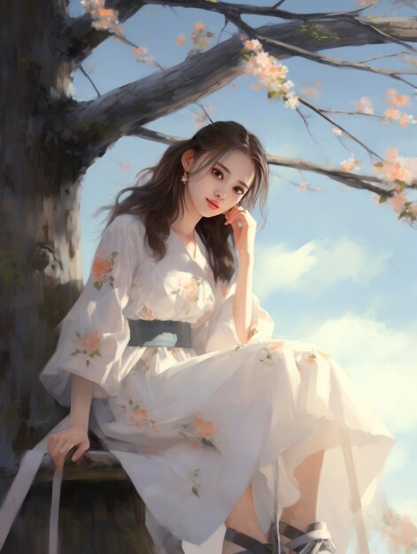 A girl sitting near a cherry tree in the style of soft and dreamy tones he jiaying