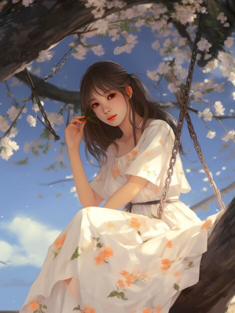 A girl sitting near a cherry tree in the style of soft and dreamy tones he jiaying