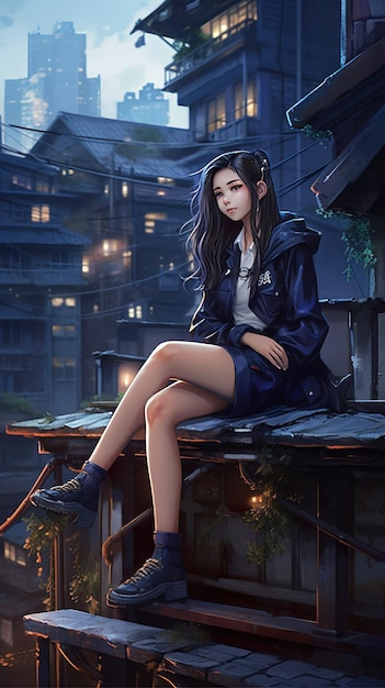 A girl sitting on a roof with a city in the background