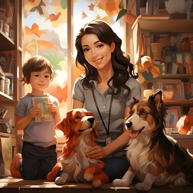 A girl sitting in a room with a child and two beautiful dogs