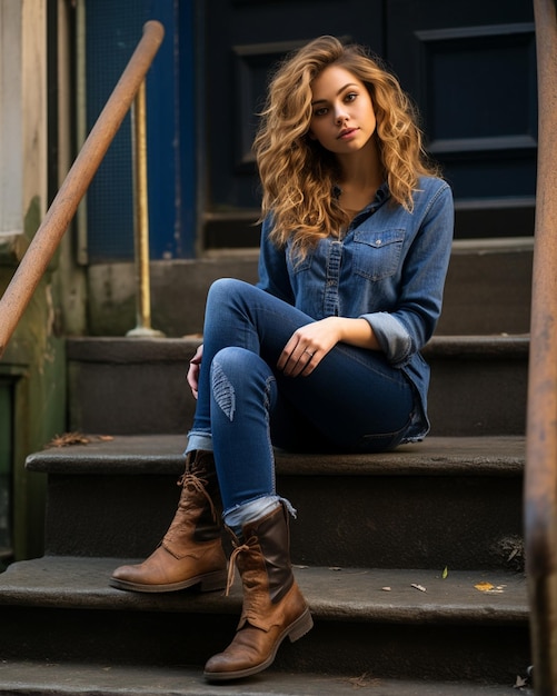 Girl Sitting On Steps In Boots