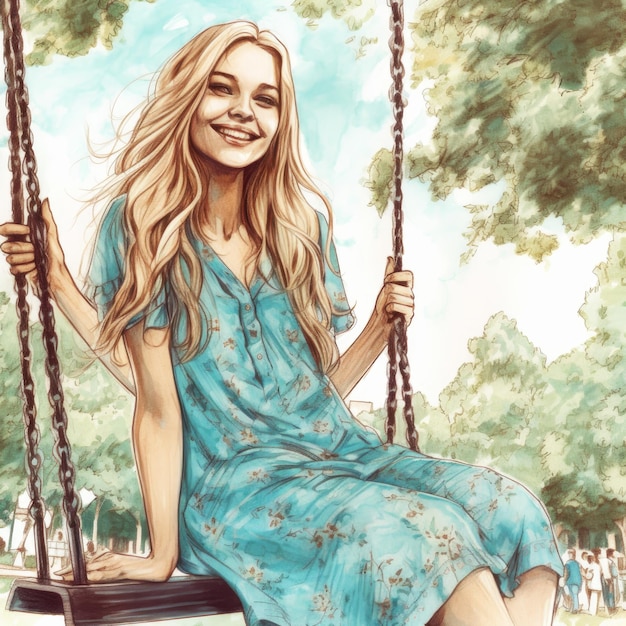 A girl sitting on a swing with a tree in the background