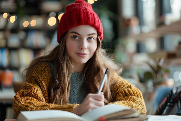 A girl sitting at a table with a book and a pen