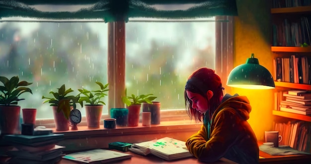 Girl sitting at window sill reading book and holding umbrella Generative AI