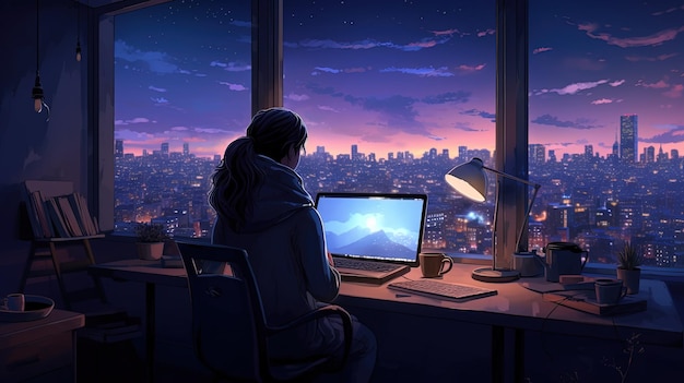 Girl sitting with laptop in Bedroom interior with city night view from window Room cartoon style