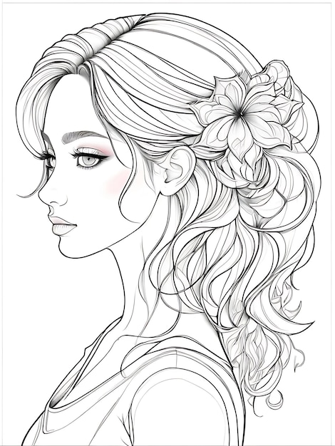 Girl sketch with line smoothly outline shape coloring page white background ai generated