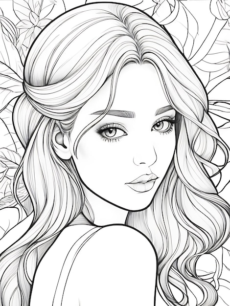 Girl sketch with line smoothly outline shape coloring page white background ai generated