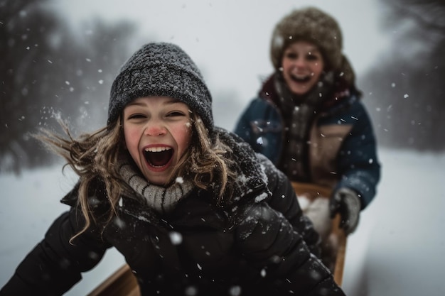 A girl sledding in the snow with her mother and brother