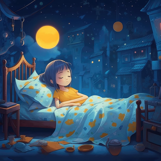 Girl sleeping among the blue sky bright moon and stars cartoon with generative ai