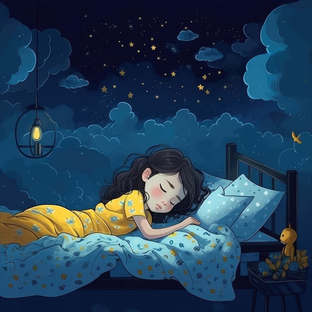 Girl sleeping among the blue sky bright moon and stars cartoon with generative ai