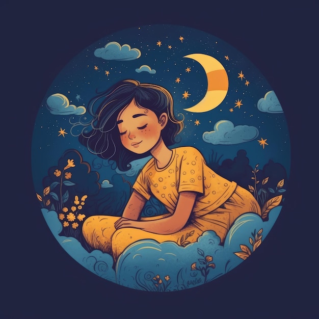 Girl sleeping among the blue sky bright moon and stars cartoon with generative ai