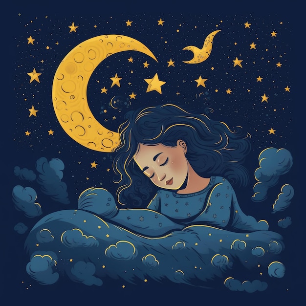 Girl sleeping among the blue sky bright moon and stars cartoon with generative ai