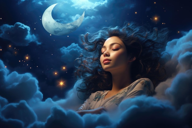 girl sleeping in cloud with moon