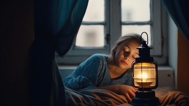 A girl sleeps in bed with a lantern that says'sleep well'on it