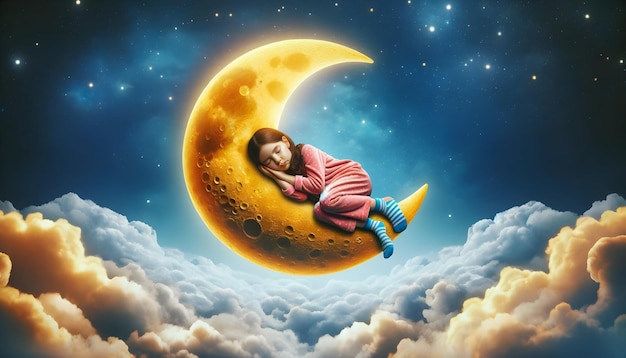 A girl sleeps on a crescent moon amid stars and clouds in a tranquil dreamy night sky