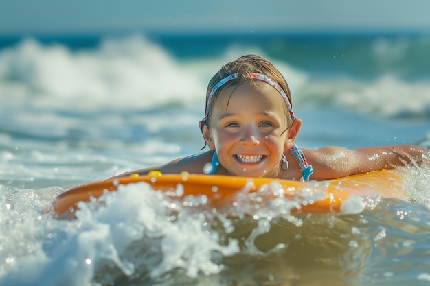 a girl smiles as she surfs a wave in the ocean