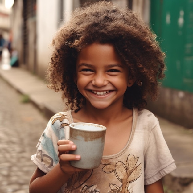 A girl smiles while holding a mug of coffee.