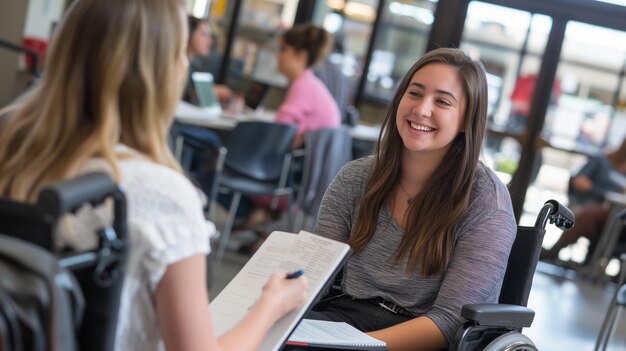 a girl smiles while a student smiles at her