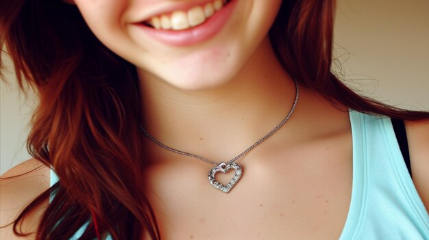 The girl smiles with a pretty heart necklace