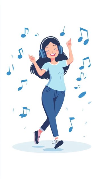 Photo girl smiling and listening to music with headphones