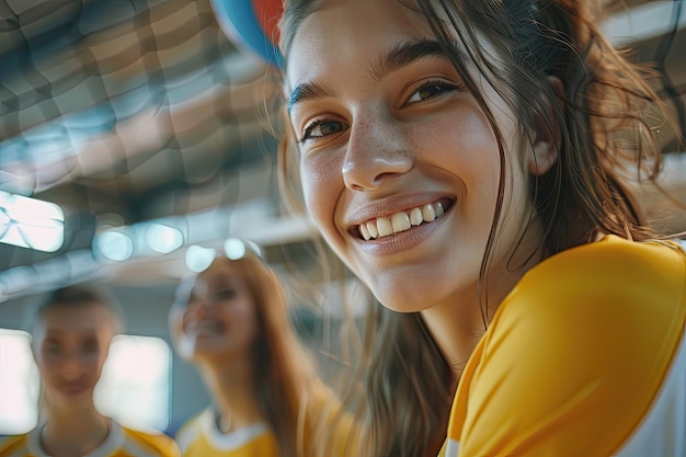 Girl Smiling While Playing Volleyball with Teammates in Gym