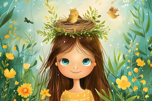 Girl smiling with bird nest surrounded by flowers in nature