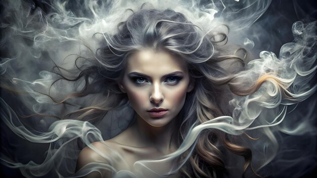 A girl of smoke her smoldering eyes and billowing hair creating an otherworldly aura