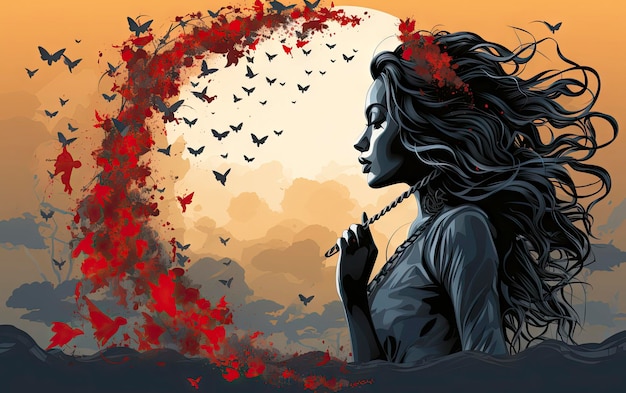 A girl smokes a cigarette in front of a sunset with butterflies.