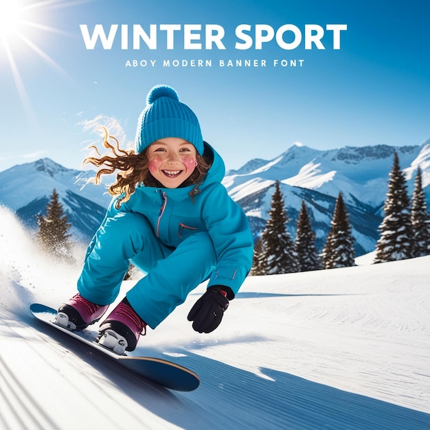 a girl on a snowboard with the words winter sports on it