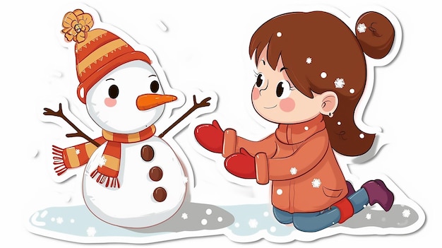 a girl and a snowman are playing in the snow