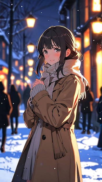 a girl in a snowy night with a light on her face