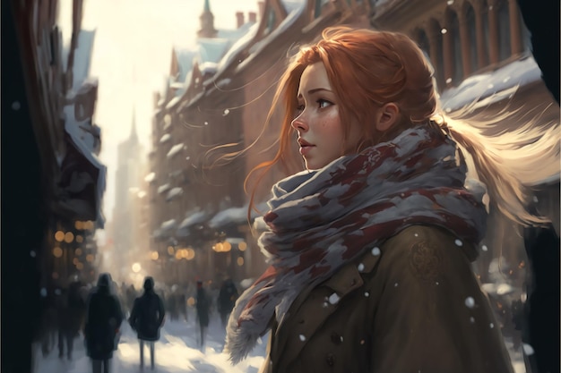 A girl in a snowy street