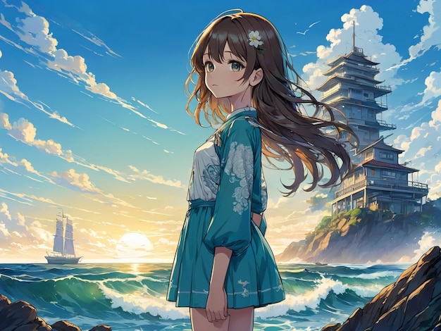 girl standing beside sea anime digital art illustration painting wallpaper