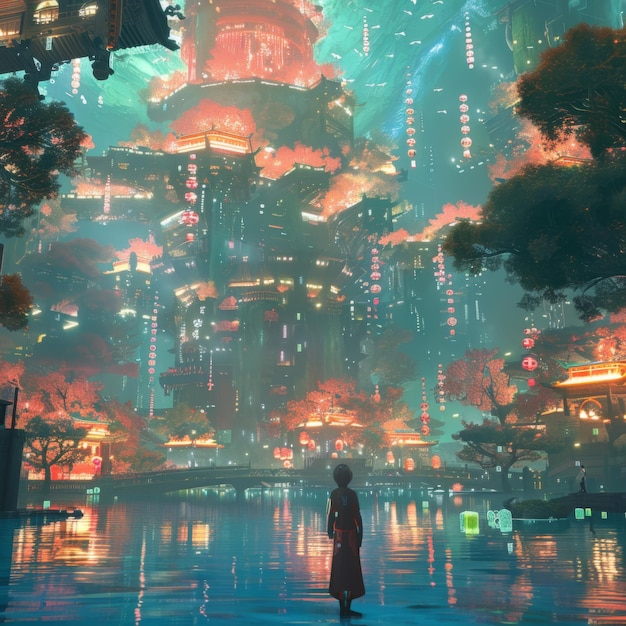 A girl standing in a cyberpunk city with colorful neon lights skyscrapers and cybernetic life for