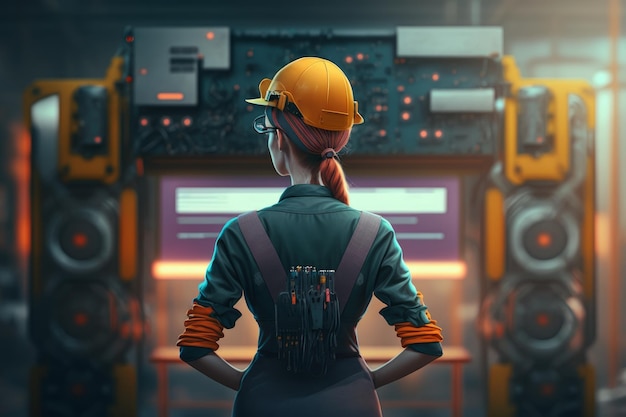 A girl standing at a factory with a view from the back Generative AI